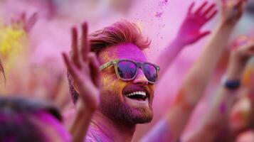 A man with sunglasses and a beard is covered in colored powder photo