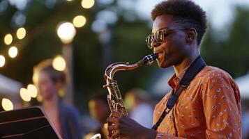 A young man in sunglasses plays the saxophone photo