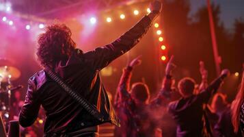 A man in leather jacket is raising his arms in the air photo