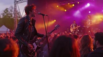 A man in a leather jacket playing guitar at a concert photo