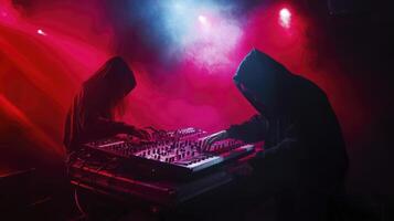 Two people in hoodies playing music on a dj mixer photo