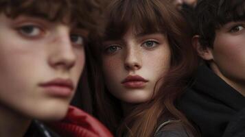 Three young people are looking at the camera photo