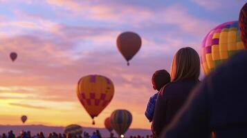 People watching hot air balloons float in the sky photo