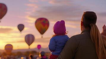 A man and a child watching hot air balloons at sunset photo