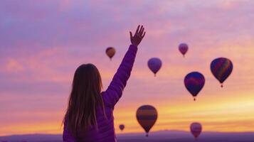 A woman is reaching up to the sky with her hands photo