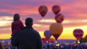 A man and a child watching hot air balloons at sunset photo