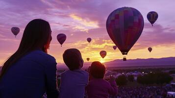 A woman and two children watching hot air balloons photo