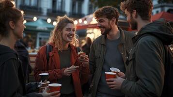 A group of people are having a conversation at a food market photo