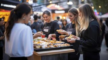 A group of people standing around a food stand photo