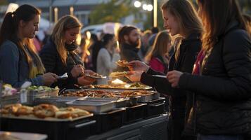 People are eating food at an outdoor event photo