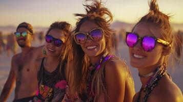 Three women wearing sunglasses at a music festival photo