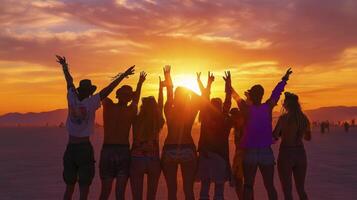 A group of people standing in the desert with their hands up photo