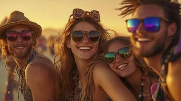 Three friends wearing sunglasses and smiling at the beach photo
