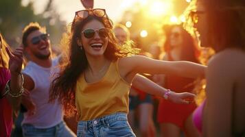 A group of people dancing at a music festival photo