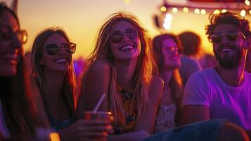 A group of people sitting at a bar at sunset photo
