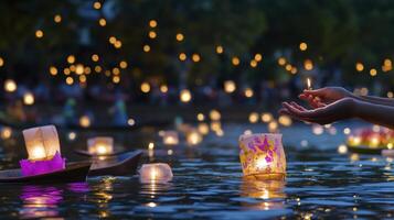 A person holding a candle in the water with lights photo