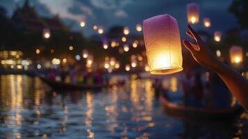 A person holding up a paper lantern in the water photo