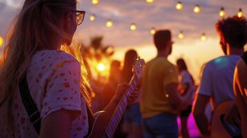A group of people playing music at a concert photo