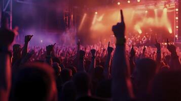 A crowd of people at a concert with their hands up photo