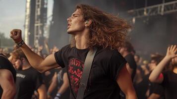 A man with long hair and a guitar in front of a crowd photo