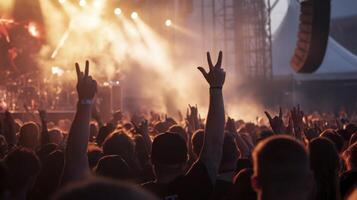 A crowd of people at a concert with their hands up photo