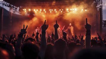 A crowd at a concert with hands up photo