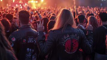A crowd of people at a concert with a woman wearing a leather jacket photo