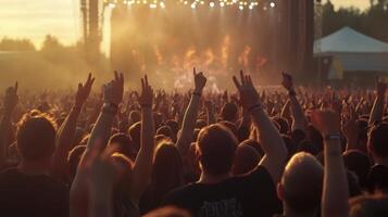 A crowd at a music festival with hands up photo
