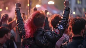 A crowd of people with pink hair at a concert photo