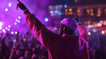 A man in a pink hoodie is at a concert photo