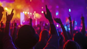 A crowd of people at a concert with their hands up photo