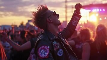 A man with a mohawk and leather jacket at a concert photo
