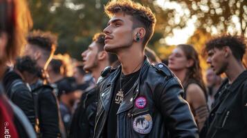 A man in a leather jacket standing in front of a crowd photo