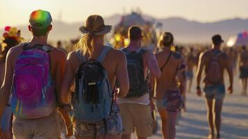 A group of people walking on the beach with backpacks photo