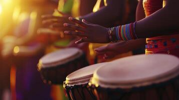 A group of people playing drums at sunset photo