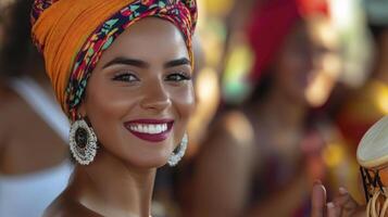 A woman in a colorful headscarf is smiling while holding a drum photo