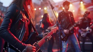 A group of people playing guitar at a concert photo