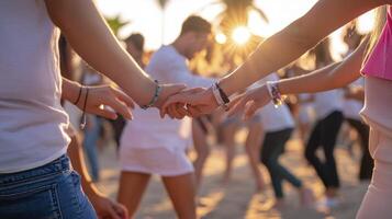 Group of people holding hands at the beach photo