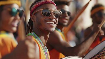 A group of people with sunglasses and drums photo