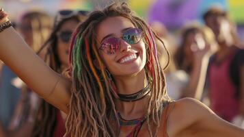 A woman with dreadlocks and sunglasses at a music festival photo