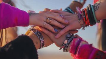 A group of people holding hands together photo