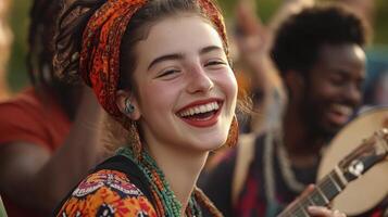 A woman with a head scarf and guitar is smiling photo
