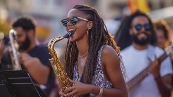 A woman with dreadlocks playing the saxophone photo