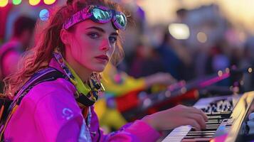 A woman wearing sunglasses plays an electronic keyboard photo