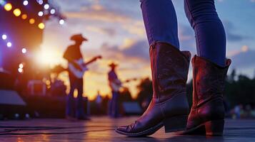 A cowboy boots on stage at sunset photo