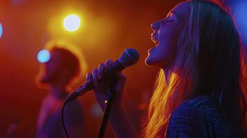 A woman singing into a microphone with a man in the background photo