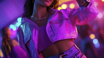 A woman in a pink jacket and jeans dancing photo
