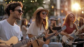 A group of people playing guitar and singing photo