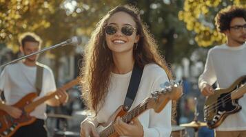 A woman with sunglasses playing a guitar with other people photo
