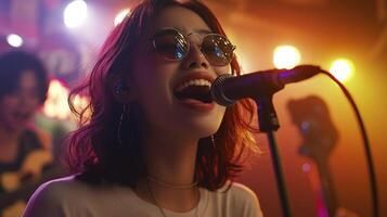 A woman with sunglasses singing into a microphone photo